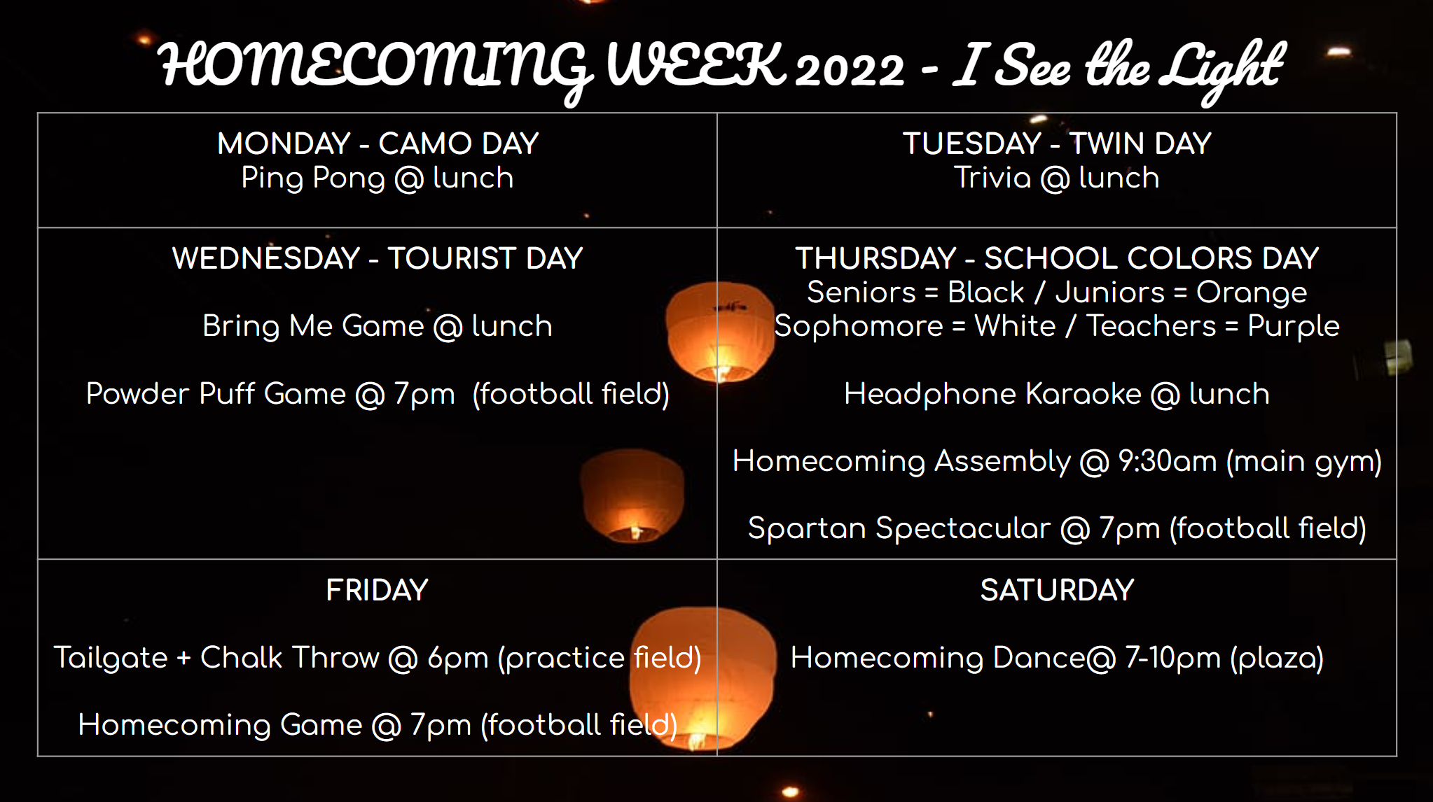 Homecoming Week 2022 dress up days: Monday cammo, Tuesday twin day, Wednesday tourist day, Thursday school colors day, Friday homecoming game at 7 pm, Saturday homecoming dance at 7 pm