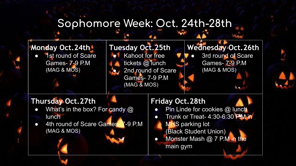 Monday Oct. 24: Ist round of Scare games 7-9 pm; Tuesday Oct 25: Kahoot for free tickets at lunch, 2nd round of scare games 7-9 pm; Wednesday Oct 26: 3rd round of scare games 7-9 pm; Thursday Oct. 27: What's in the box? For candy at lunch, 4th round of scare games 7-9 pm; Friday Oct 28: Pin Linde for cookies at lunch, Turnk or treat 4:30-6:30 pm in MHS parking lot (sponsored by the Black Student Union), Monster Mash at 7 pm in the main gym