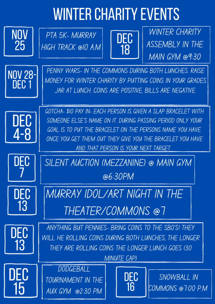 Nov. 28-Dec 1: Penny Wars Dec 4-8: GOTCHA Dec 7: Silent Auction 6:30 pm Dec. 13: Murray Ido/Art Night 7:00 Dec. 15: Dodgeball 2:30 Dec. 16: Snow Ball 7:00 Dec. 18: Winter Charity Assembly 9:30