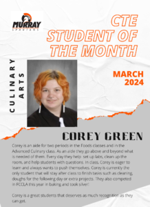 March 2024 CTE Student of the Month Corey Green
