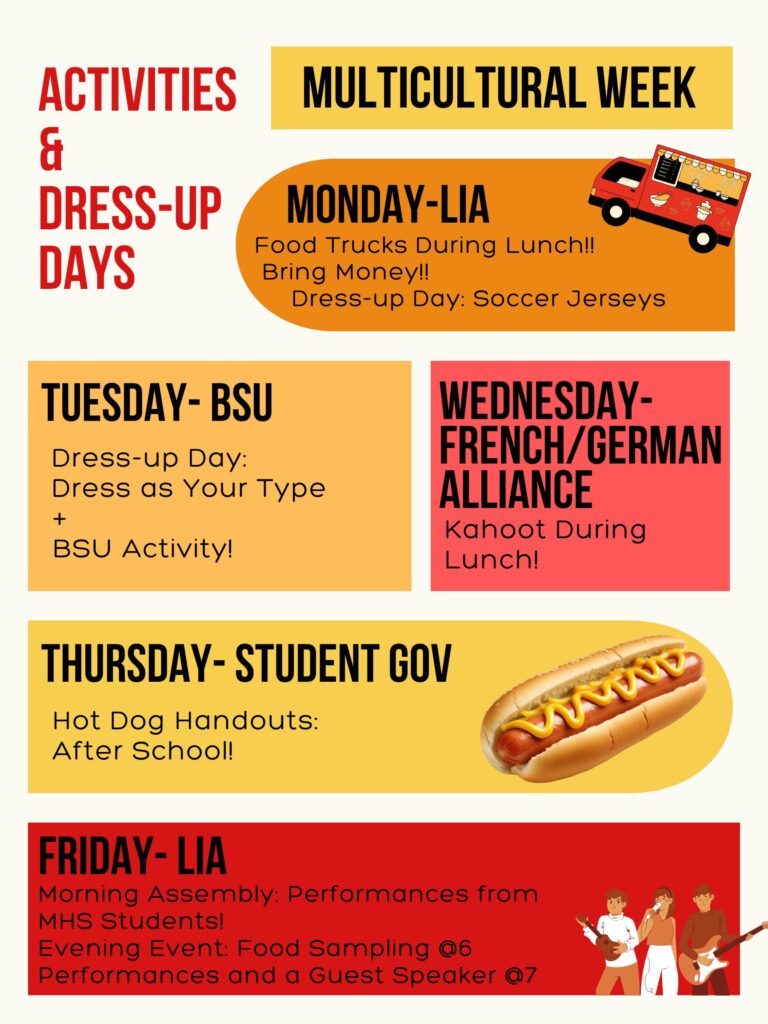 Multicultural week activities and dress-up days Monday: LIA food trucks during lunch. Bring money. Dress-up day soccer jerseys Tuesday: BSU Dress up day dress as your type + BSU activity. Wednesday: French/German Alliance: Kahoot during lunch Thursday Student gov: Hot dog handouts after school Friday: LIA morning assembly performance from MHS students. Evening event: food sampling at 6:00 and performances and a guest speaker at 7:00